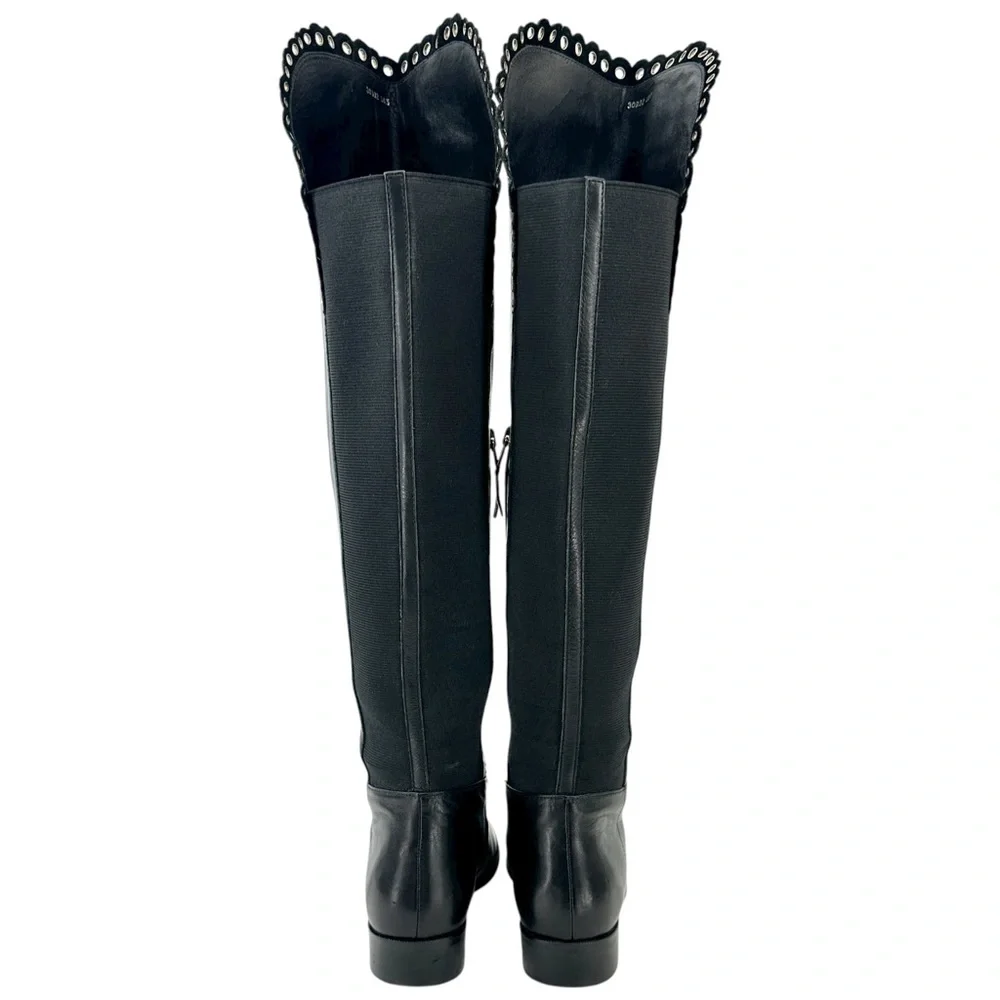 LK Bennett Black Leather Grommet Detail Over the Knee Flat Tall Riding Boots